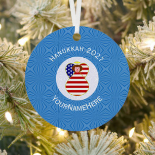 Personalized USA Angel Hanukkah Flag Metal Ornament