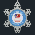 Personalized USA Angel Hanukkah Flag  Snowflake Pewter Christmas Ornament<br><div class="desc">A red haired angel, dressed in the flag of the United States of America, is featured on this snowflake pewter ornament for Hanukkah decor or holiday decorating. The USA Flag angel with red hair is found in a circle of white squiggly squares. The background is blue squiggly squares. Add your...</div>