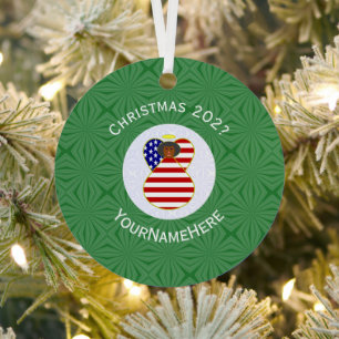 Personalized USA Black Angel Christmas Flag Metal Ornament