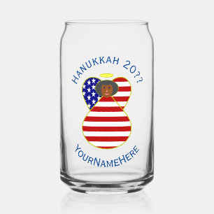 Personalized USA Black Angel Hanukkah Flag Can Glass