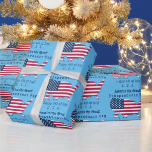 Personalized USA Flag, Map Happy 4th of July Blue Wrapping Paper