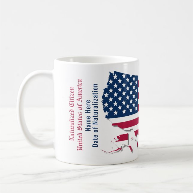 Personalized USA Flag Map Naturalized Citizen Name Coffee Mug (Left)