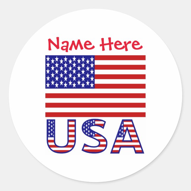 Personalized USA Flag Name Round Classic Round Sticker (Front)