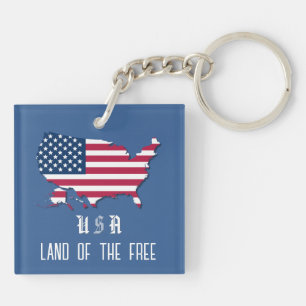 Personalized USA Flag Over Map in Denim Blue Keychain
