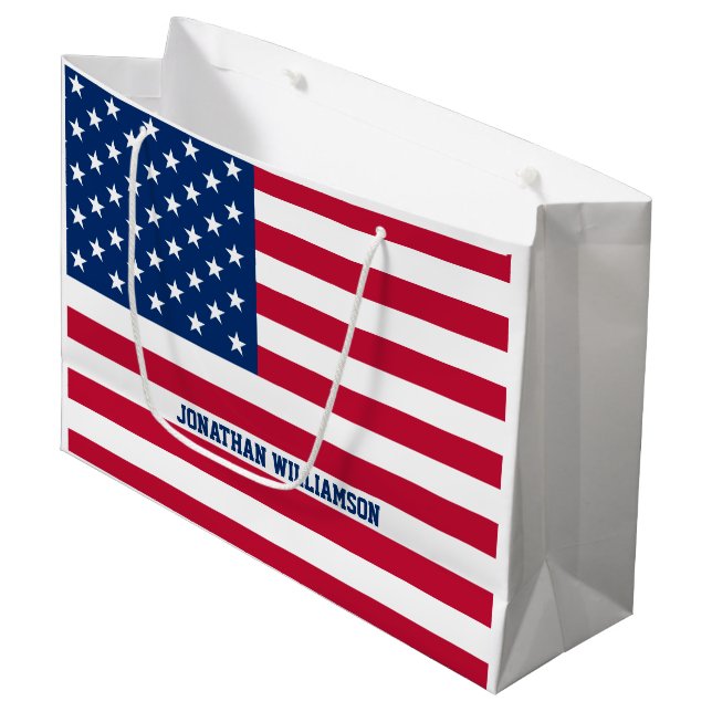 Personalized USA Flag Stars and Stripes Large Gift Bag (Front Angled)