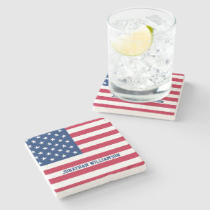 Personalized USA Flag Stars and Stripes Stone Coaster