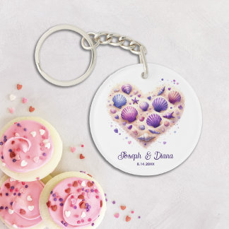 Personalized Valentine Anniversary Seashell Heart Keychain