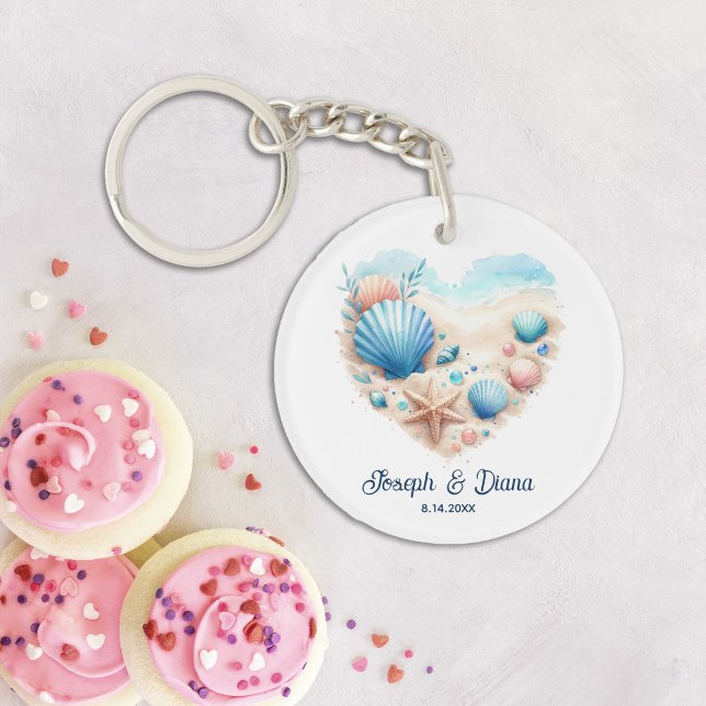 Personalized Valentine Anniversary Seashell Heart Keychain (Beach Lovers Seashell Ocean Shore Heart Valentine's Day gift)