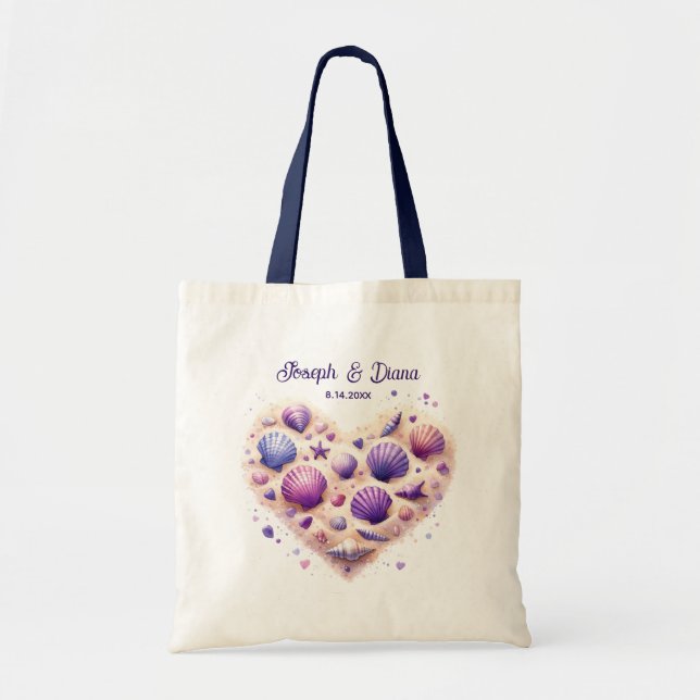 Personalized Valentine Anniversary Seashell Heart Tote Bag (Front)