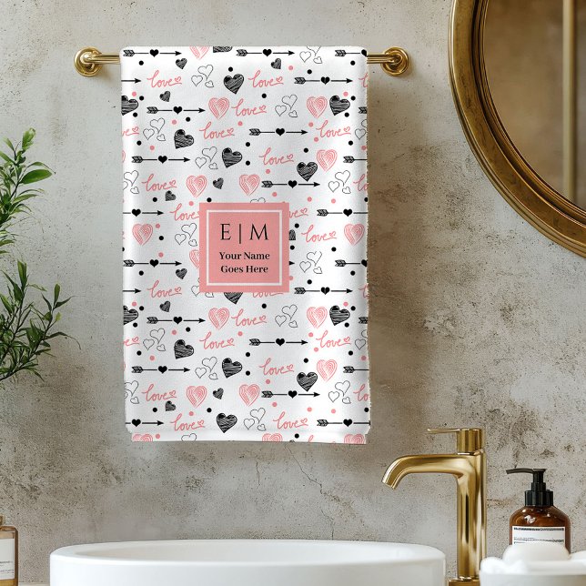 Personalized Valentine Bath Towel Pink Black Heart (Personalized Valentine Bath Towel Pink Black Hearts)