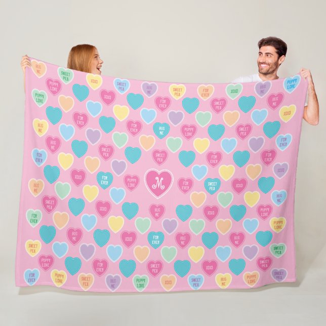 Personalized Valentine Candy Hearts Pink Fleece Blanket (In Situ)