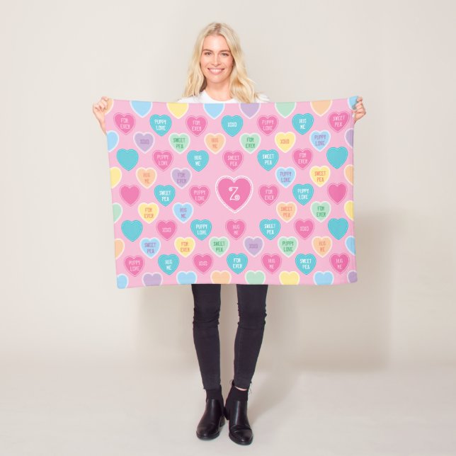 Personalized Valentine Candy Hearts Pink Fleece Blanket (In Situ)