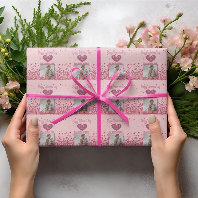 Personalized Valentine’s Day Photo with Pink Heart Wrapping Paper (Valentine Day Personalized Photo Pink Hearts Wrapping Paper)