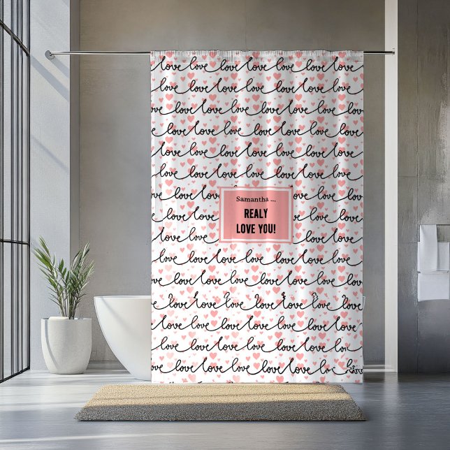Personalized Valentine Shower Curtain Pink Black   (Personalized Wedding Shower Curtain Pink Black Hearts)
