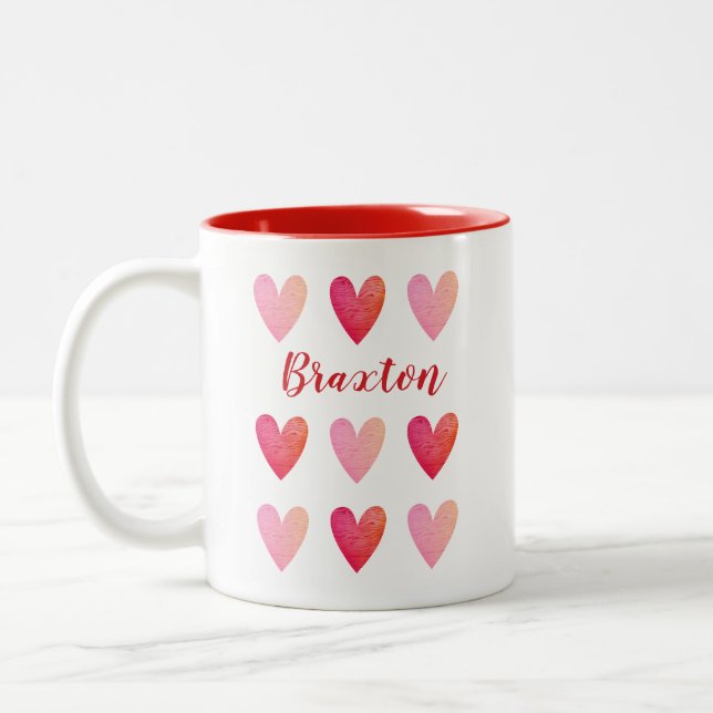 Personalized Valentines Day Pink Red Hearts Two-Tone Coffee Mug (Left)