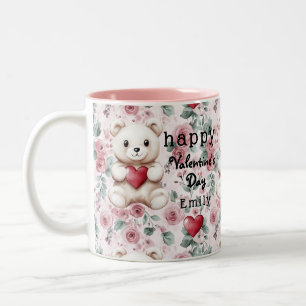 Personalized Valentine's Day Teddy Bear & Roses  Two-Tone Coffee Mug