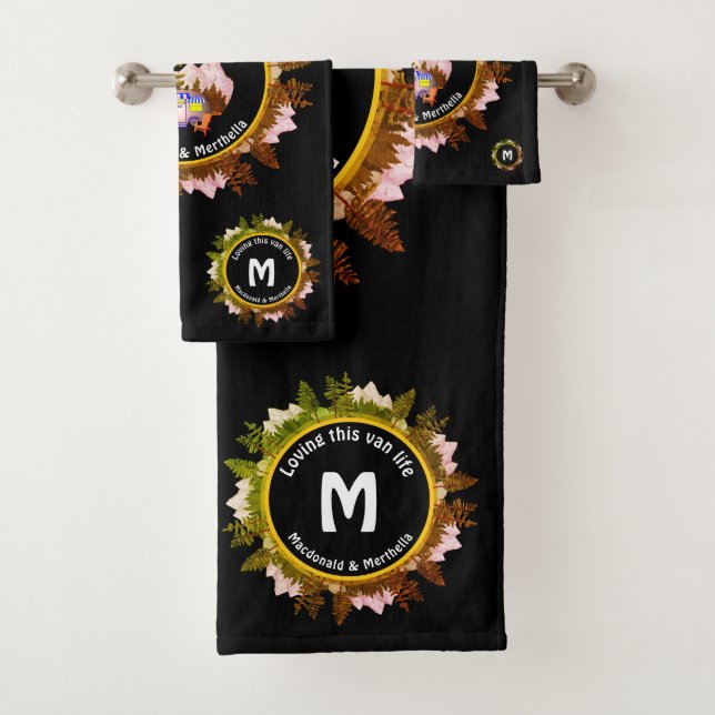 Personalized Van Life Camping MONOGRAM Black Bath Towel Set (Insitu)