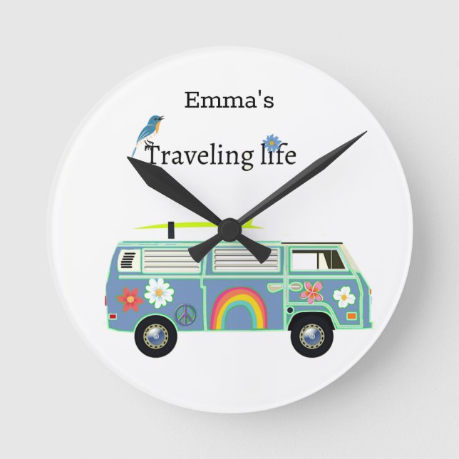 Personalized Van Life Travelling Soul Adventure Round Clock (Front)