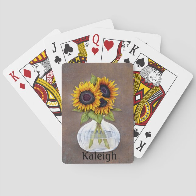 Personalized Vase of Orange Sunflowers on Brown Playing Cards (Back)