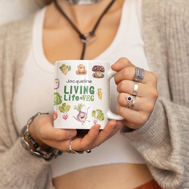 Personalized Vegan Living Life on the Veg Gift Coffee Mug (Living life on the veg personalized fun mug with happy smiling vegetables.)