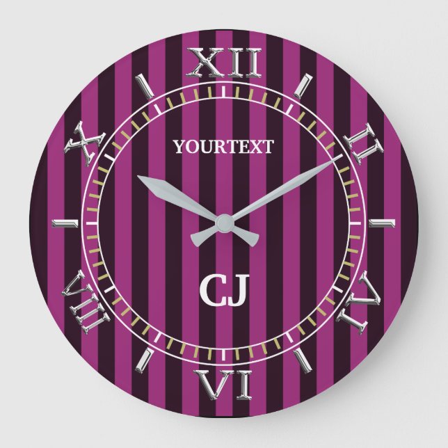 Personalized Vertical Fuchsia Stripes Dial on a Large Clock (Front)