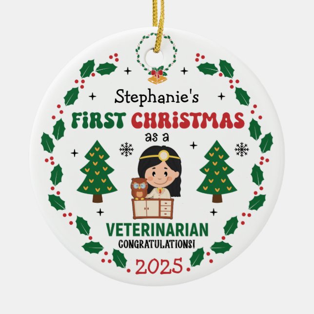 Personalized Veterinarian First Christmas Tree Ceramic Ornament (Front)