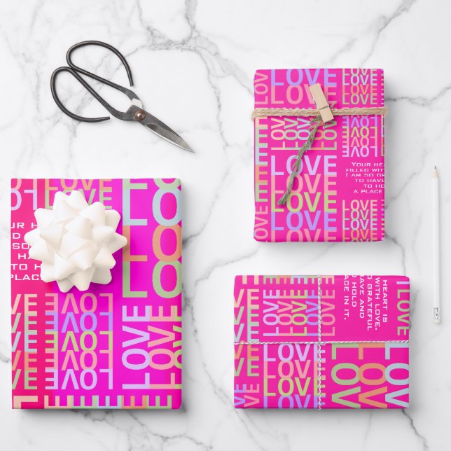 Personalized Vibrant and Hot Pink Forever "LOVE" Wrapping Paper Sheet (Front)