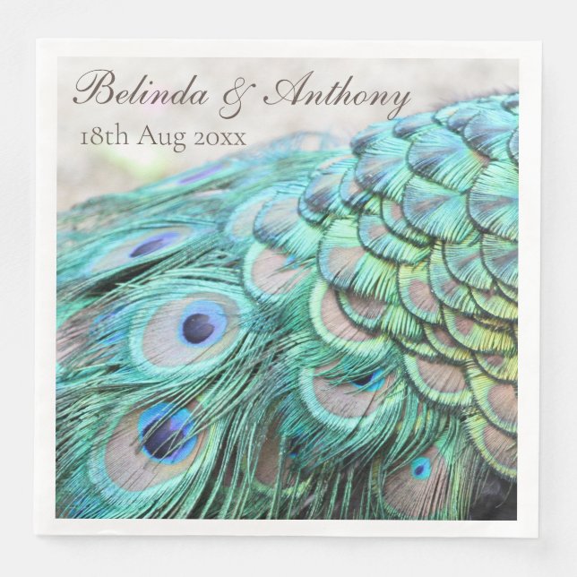 Personalized Vibrant Elegant Peacock Feathers Pape Napkin (Front)