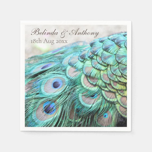 Personalized Vibrant Elegant Teal Peacock Feathers Napkin (Front)