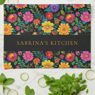 Personalized Vibrant Floral Pattern Dark Kitchen Towel