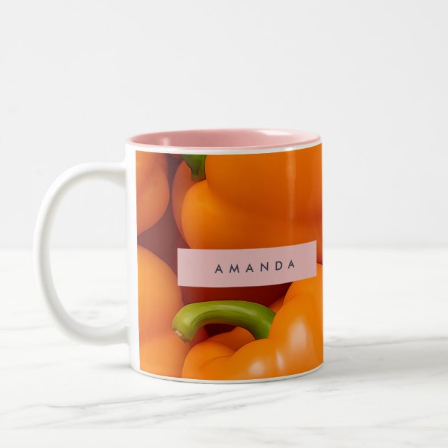 Personalized Vibrant Fresh Orange Bell Pepper Two-Tone Coffee Mug (Left)