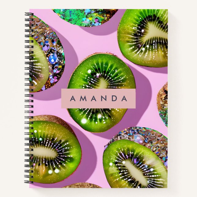 Personalized Vibrant Glitter Kiwi Pop Art Design Notebook (Front)