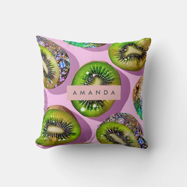 Personalized Vibrant Glitter Kiwi Pop Art Design Throw Pillow (Front)