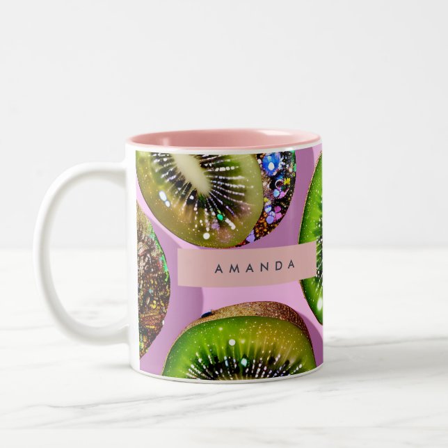 Personalized Vibrant Glitter Kiwi Pop Art Design Two-Tone Coffee Mug (Left)