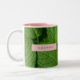 Personalized Vibrant Green Fresh Mint Leaf Two-Tone Coffee Mug