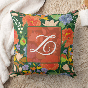 Personalized vibrant Jungle Floral Monogram Throw Pillow