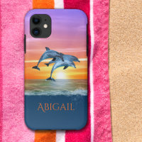 Personalized Vibrant Sunset Dolphins Jumping Ocean