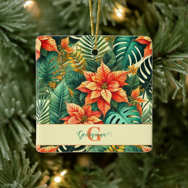 Personalized Vibrant Tropical Christmas Poinsettia Ceramic Ornament (Tree)