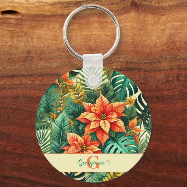 Personalized Vibrant Tropical Christmas Poinsettia Keychain (Front)