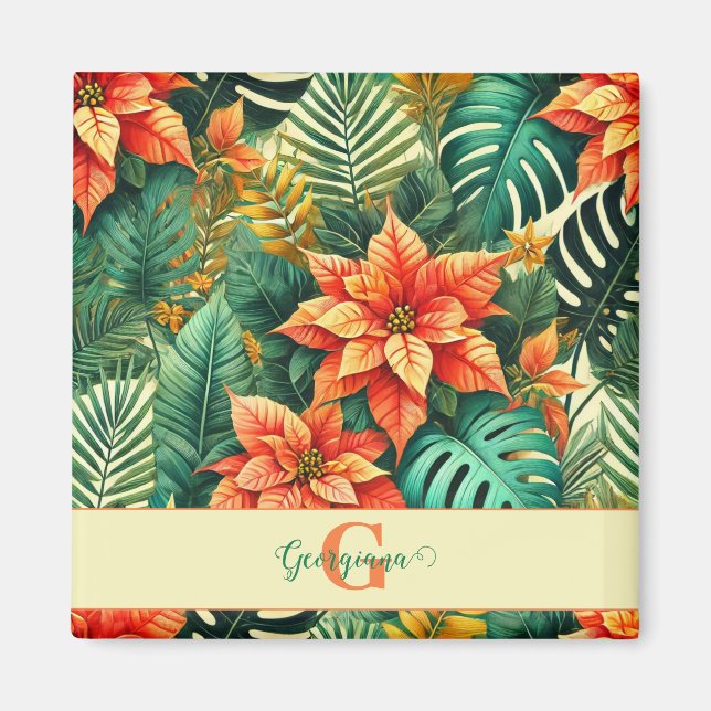 Personalized Vibrant Tropical Christmas Poinsettia Magnet (Front)