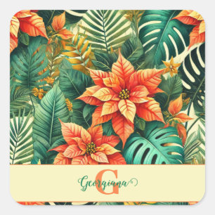 Personalized Vibrant Tropical Christmas Poinsettia Square Sticker
