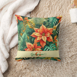 Personalized Vibrant Tropical Christmas Poinsettia Throw Pillow