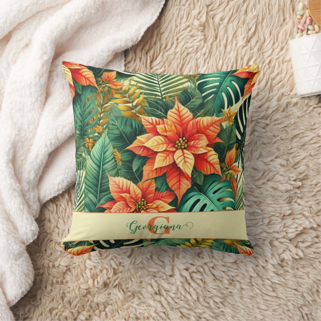 Personalized Vibrant Tropical Christmas Poinsettia Throw Pillow (Blanket)