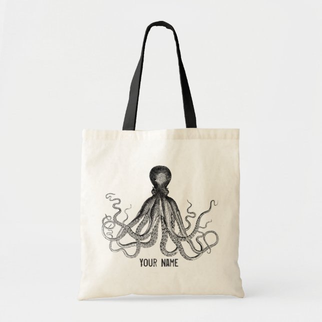 Personalized Victorian Octopus, Steampunk Tote Bag (Front)