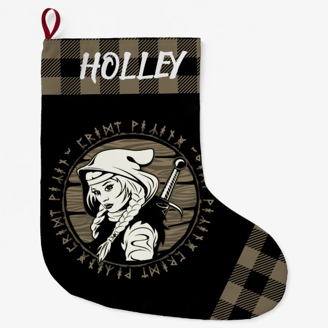 Personalized Viking Archer Maiden Runes Tan Black Large Christmas Stocking (Front)