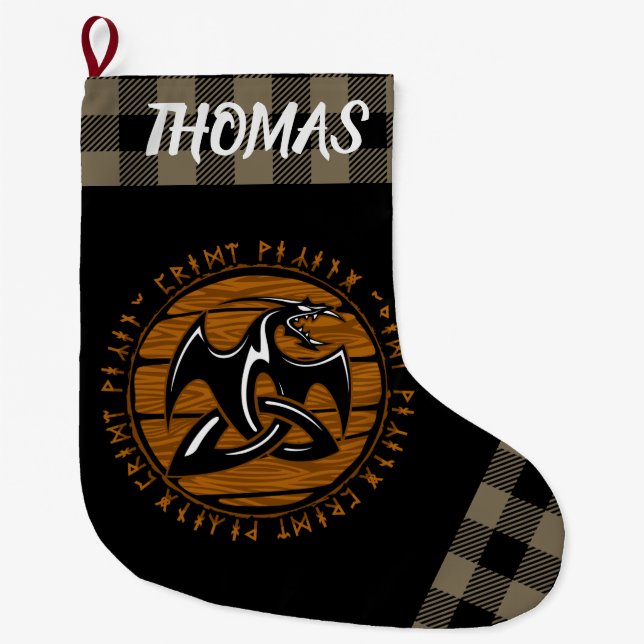 Personalized Viking Dragon Knot Runes Tan Black Large Christmas Stocking (Front)