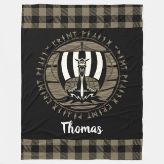 Personalized Viking Dragon Long Ship Runes Black Fleece Blanket