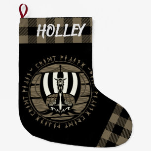 Personalized Viking Dragon Longship Sail Tan Black Large Christmas Stocking