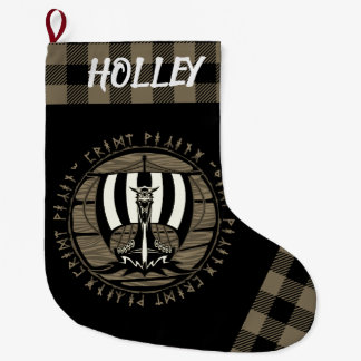 Personalized Viking Dragon Longship Sail Tan Black Large Christmas Stocking