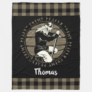 Personalized Viking Kneeling Prayer Rune Tan Black Fleece Blanket